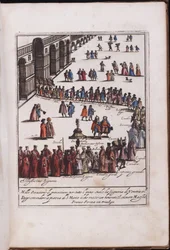 Procession du doge et de son entourage sur la place Saint Marc, Venise - Procesja z Dożami i jego świtą na Piazza San Marco w Wenecji, Anonim. Grawerowanie miedzi, akwarela