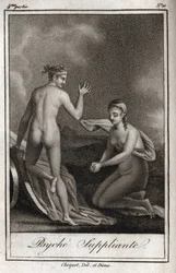 Psyche błaga. Rycina z 1819 r. w „Lettres a Emilie sur la mitologie” Charlesa Alberta Demoustiera (1760-1801). Prywatna kolekcja.