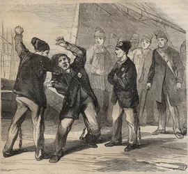 Scena Pugilat w Toulon Bagne w XIX wieku. Grawer „Historia skazanych od ich powstania do dnia dzisiejszego” (1877) autorstwa Pierre