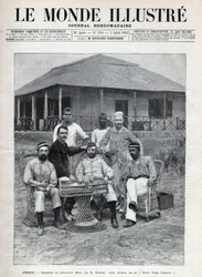 Przyjęcie porucznika Mizona przez Fredericka Bedforda (1838-1913), generalnego agenta Royal Niger Company. Francuski odkrywca Louis Alexandre Antoine Mizon (1853-1899) podczas swojej podróży do Afryki Zachodniej. Gazeta. Grawer w „Le monde illustree” z 189
