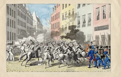Revolution de Juillet 1830 a Paris (Rewolucja Lipcowa 1830) Anonimowy grawer i akwarela 1830 Wymiary 25,7x40,3 cm Kolekcja prywatna