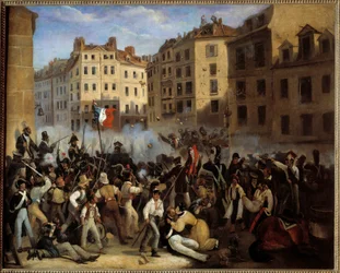 Rewolucja 1830 r. – „Karta albo śmierć” (bitwa 28 lipca, prawdopodobnie rue Saint-Antoine) – „Odcinek dni lipca 1830 r.””. Rewolucja 1830 r. Anonimowe malowanie