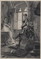 Rodrigo Borgia (Borja) w otoczeniu swoich dzieci ((Jan lub Juan lub Cezar, Lukrecja) w domu Vannozza Cattanei - Rodrigo Borgia otacza ze swoimi dziećmi w Vannozza Cattanei (1442-1518) sa kochanka - rycina z „Lukrecji Borgii”” autorstwa Oskar Pio -