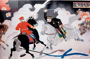 Wojna rosyjsko-japońska (1904-1905) Japońska grafika przedstawiająca bitwę dwóch jeźdźców. Początek XX-wiecznej kolekcji prywatnej