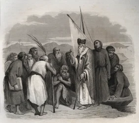 Święty Atanazy Aleksandryjski (Atanazy Wielki) (295-373) odwiedzający samotniki Egiptu. Rycina z 1846 r. w „Żywotach świętych”. Prywatna kolekcja.