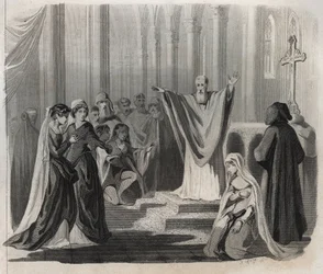 Św. Dunstan (ok. 909-988), wigilia Canterbury, benedyktyn i reformator życia monastycznego w Anglii, obwieszczający ludowi zbliżającą się śmierć. Rycina z 1846 r. w „Żywotach świętych”. Prywatna kolekcja.