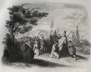 Święty Hilaire de Poitiers (310-368) powracający z wygnania. Rycina z 1846 r. w „Żywotach świętych”. Prywatna kolekcja.