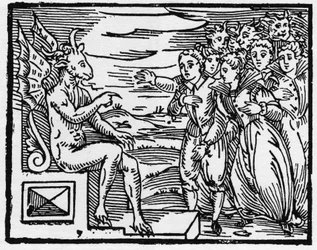 Szatan domaga się paktu nowych czarowników - „Compendium Maleficarum”, zajmuje się czarownicami, ich złem i szykanami autorstwa Francesco Marii Guazzo lub Guaccio lub Guaccius (15??-16??) 1608 Kolekcja prywatna