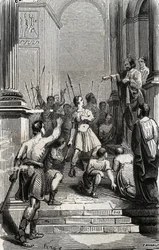 Saturnin z Tuluzy (Święty Sernin, pierwsza chrześcijańska epoka Tuluzy) (III w.) zatrzymał się w stolicy Tuluzy - Rycina z 1846 r. w „Życiu świętych””. Prywatna kolekcja.