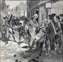 Oblężenie Lille w 1792 r.: Peruka Maes używająca roztrzaskanej bomby jako miski do brody, aby ogolić klienta. Grawer w „Le petit parisien”” z dnia 16.10.1892. Prywatna kolekcja