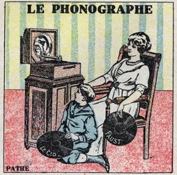 Energia dźwięku: fonograf. Matka i jej syn słuchają płyty z gramofonu Pathe. Anonimowa ilustracja z 1925 r. Ze zbiorów prywatnych.