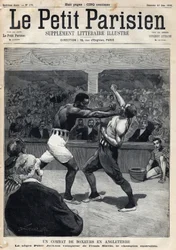 Sport, boks: Walka bokserska w Anglii pomiędzy Peterem Jacksonem a mistrzem Australii Frankiem Slavinem. Rytownictwo. Jedna z gazet „Le petit parisien”” z dnia 12.06.1892 r. Prywatna kolekcja