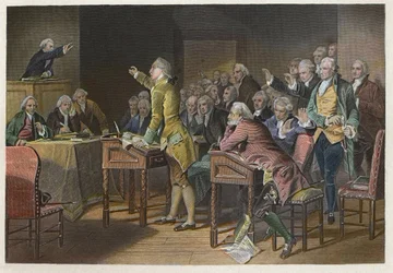 Ustawa stemplowa (ustawa o obowiązkach w koloniach amerykańskich) — przywódca amerykańskiego rewolucjonisty Patrick Henry (1736-1799) wypowiadający się przeciwko ustawie stemplowej w domu Burgessów w Wirginii w 1765 r. — Przemówienie Patricka Henry
