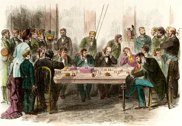 Doświadczenie telefoniczne w poczekalni stacji Saint Lazare (Saint-Lazare) w Paryżu w dniu 6.09.1879 r. Rycina XIX-wiecznej kolekcji prywatnej