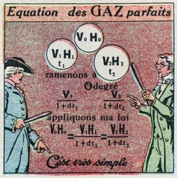 Temperatura i rozszerzalność: równanie gazu doskonałego uzyskane dzięki prawu Louisa-Josepha Gay-Lussaca (Louis Joseph Gay Lussac) (1778-1850) oraz prawu Edme Mariotte (ok. 1620-1684). Anonimowa ilustracja z 1925 r. Ze zbiorów prywatnych.