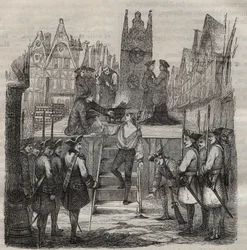 Kawaler François-Jean Lefebvre de La Barre (François Jean Lefebvre de La Barre) wstępuje na szafot w 1766 roku. Rycina w „Histoire des bagnes depuis leur création à nos jours” (1877) Pierre