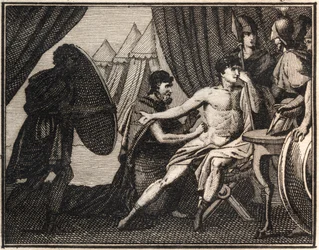 Śmierć Epaminondasa (po bitwie ze Spartanami pod Mantineia 362 pne). Rycina z „Roliska młodości czyli wybranych fragmentów starożytnych i rzymskich opowieści” 1816. Zbiory prywatne.