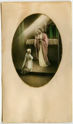 Eucharystia, Komunia Święta, Sakrament Ołtarza: dziecko przed Jezusem (rycina)