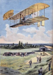 Latający ludzie: doświadczenia Wilbura Wrighta (1867-1912) nad torem wyścigowym Hunaudieres, w pobliżu miasta Le Mans. Grawer z gazety „Le Peute Parisien””, 30.08.1908. Prywatna kolekcja.
