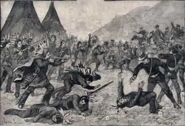 Powstanie indyjskie w Stanach Zjednoczonych: walka między Indianami Siuksów a wojskami amerykańskimi. Grawer w „Le petit Parisien”” z 1891 r. Ze zbiorów prywatnych.