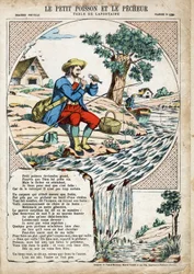 Mała Rybka i Rybak. Anonimowa ilustracja do Les Fables autorstwa Jeana de LA FONTAINE (Lafontaine) (1621-1695). Obraz Pont-a-Mousson, ok. 1880 r. Ze zbiorów prywatnych.