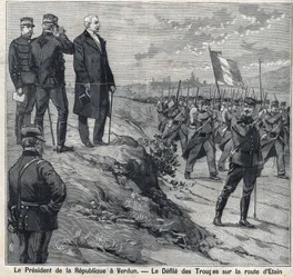 Prezydent Republiki Felix Faure (1841-1899) odwiedza Verdun (Moza): zbezczeszczenie szkoły wojskowej przy drodze Etin. Grawer w „”Le Petro Parisien””