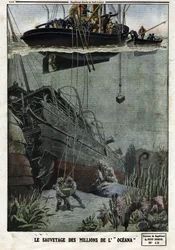 Ratunek dla milionów Oceanów: Scaphandlers nurkują z Eastbourne, aby zebrać 18 milionów metali, które brytyjski liniowiec miał przetransportować do Indii. Grawer w „Le Petite Journal”, 19.05.1912. Prywatna kolekcja.