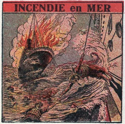 T.S.F.: ogień na morzu. T.S.F. jest używany przez łodzie do wezwania pomocy podczas wraku statku. Anonimowa ilustracja z 1925 r. Ze zbiorów prywatnych.