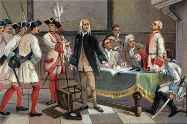 Aresztowanie Francois Anneessensa w 1719 za główny inicjator zamieszek brukselskich w 1717. Chromolitografia reklamowa czekoladek Antoine w Brukseli, początek XX wieku. Prywatna kolekcja