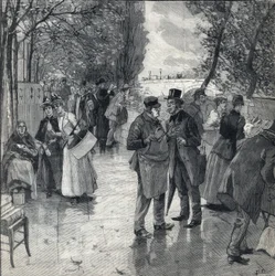 Spacer po książkach nad brzegami paryskich nabrzeży. Grawerowanie w „Le petit parisien”” z dnia 30.10.1892 r. Prywatna kolekcja