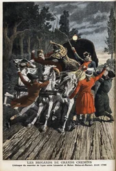 Zbójcy autostrad: atak poczty lyońskiej między Lieusaint i Melun (Seine et Marne) w kwietniu 1796 r. Grawerowanie w „Le Petite Journal”