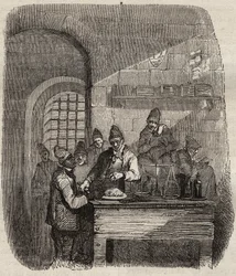 Kantyna więzienia brzeskiego w XIX wieku. Grawer „Historia skazanych od ich powstania do dnia dzisiejszego” (1877) autorstwa Pierre