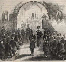 Kaplica więzienia w Tulonie w XIX wieku. Grawer „Historia skazanych od ich powstania do dnia dzisiejszego” (1877) autorstwa Pierre