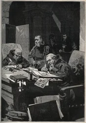 Chryzograf: mnisi kopiści wykonujący w średniowieczu iluminacje złotymi literami. Rycina z 1885 roku w „Les arts et métiers illustrés” Adolphe