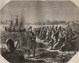 Cordelle (dzieło wielkiego zmęczenia) w bagne de Rochefort w XIX wieku. Grawer „Historia więzień od ich powstania do dnia dzisiejszego” (1877) autorstwa Pierre