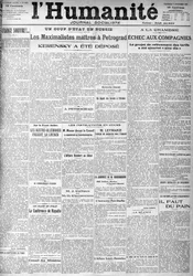 Zamach stanu w Rosji na nagłówkach socjalistycznej gazety „Ludzkość””. Nagłówki:”” Masters Maximalists w Piotrogrodzie””, „” Kiereński został zdeponowany””” (Kiereński), 9.11.1917.