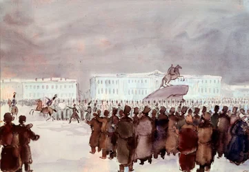 Tłum na Placu Senackim podczas powstania dekabrystów w 1825 r. Dekabryści lub dekabryści z brutalnie stłumionej próby zamachu stanu zorganizowanego w Petersburgu 14 grudnia 1825 r. w celu uzyskania od przyszłego cara konstytucji modernizującej reżim. Anoni