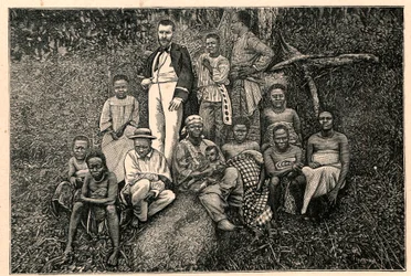 Odkrywca Pierre Savorgnan z Brazza (1852-1905) i grupa tubylców z Wikariatu Apostolskiego Dwóch Gwinei (Dwóch Gwinei) w Gabonie. Grawer w „Les Missions Catholiques au XIXeme Siecle” Louis-Eugene (Louis Eugene) Louvet. pr