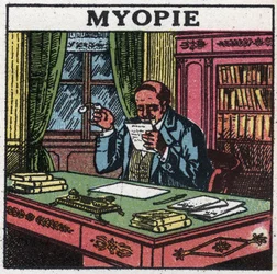 Oko: osoba cierpiąca na krótkowzroczność. Anonimowa ilustracja z 1925 r. Ze zbiorów prywatnych.