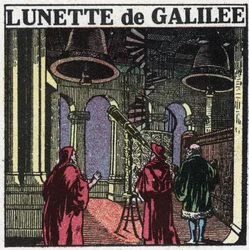 Pierwsze przyrządy optyczne: astronomiczna luneta Galileusza Galilei zwanego Galileą (1564-1642) wynaleziona w 1610 r. Anonimowa ilustracja z 1925 r. Ze zbiorów prywatnych.