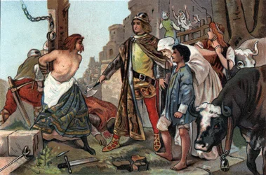 Sprawiedliwość Baudouina VII (1092-1119), hrabia Flandrii powiedział do topora. Chromolitografia reklamowa czekoladek Antoine w Brukseli, początek XX wieku. Prywatna kolekcja