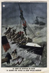 Łódź ratunkowa z Calais ratująca tonącą angielską łódź rybacką. Grawerowanie w „Le Petite Journal”, 11.02.1912 r. Prywatna kolekcja.