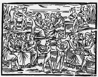 Posiłek czarownic w szabat - „Kompendium Maleficarum”, opowiada o czarownicach, ich złu i ich losach autorstwa Francesco Marii Guazzo lub Guaccio lub Guaccius (15??-16??) 1608 Kolekcja prywatna