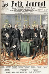 Ministerstwo Rouvier: Na dole od lewej do prawej: Joseph Ruau (1865-1923), Minister Rolnictwa, Gaston Thomson (1848-1932), Minister Morski, Maurice Rouvier (1842-1911), Przewodniczący Rady i Minister Finansów, Etienne Clementel (186