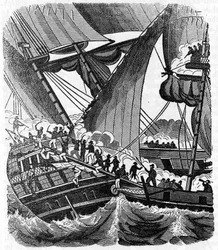 Pirat Jean Lafitte (1780-1826) zbliża się do statku Queen East Compagnie des Indes. Grawer „”Książka własna pirata”” 1837.