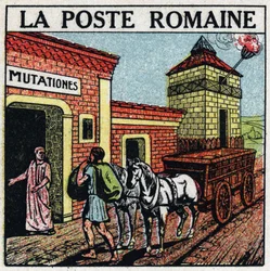Poczta: poczta rzymska. A „mutationes”, miejsce, w którym można było wypożyczyć konie na pocztę, zwane „curriculum publicus”. Anonimowa ilustracja z 1925 r. Ze zbiorów prywatnych.