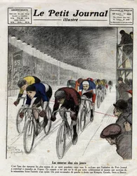 Wyścig sześciodniowy: Piet van Kempen (1898-1985), Alfred Grenda, Seres i Maurice Brocco (1883-1965) podczas sprintu. Grawer w Le Petit Journal illustre, 16.04.1922 r.