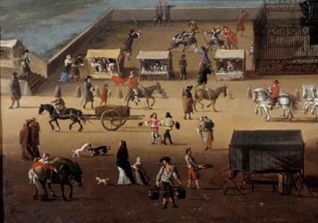 Ruch drogowy na Pont Neuf w Paryżu w XVII wieku Szczegół. Anonimowe malowanie. Paryż, Muzeum Carnavalet