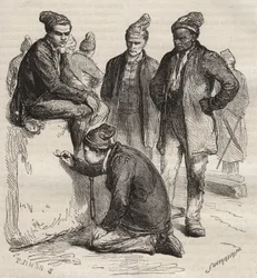 Rodzaje krużganków z Brześcia Bagnego w XIX wieku. Grawer „Historia skazanych od ich powstania do dnia dzisiejszego” (1877) autorstwa Pierre