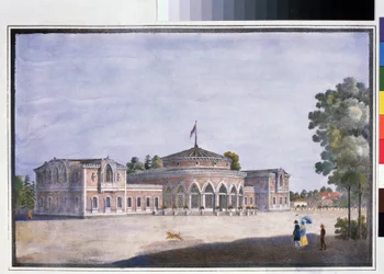 Dworzec kolejowy i restauracja francuska w Catharinhof (dworzec kolejowy i restauracja francuska w Catharinhof). Anonimowa litografia, kolorowana akwarelą, 22 x 33 cm